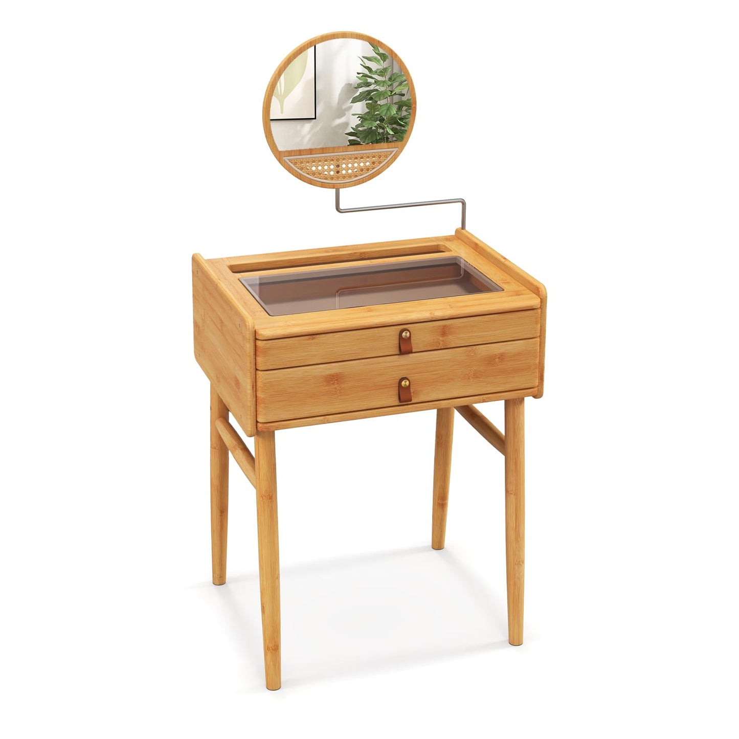 CHARMAID Makeup Vanity Table, Space-Saving Bamboo Vanity Desk with Rotating Mirror, 2 Drawers, Deep Storage Alcove, Tempered Glass Tabletop, Girls Dressing Table for Small Space Bedroom (Vanity Desk)