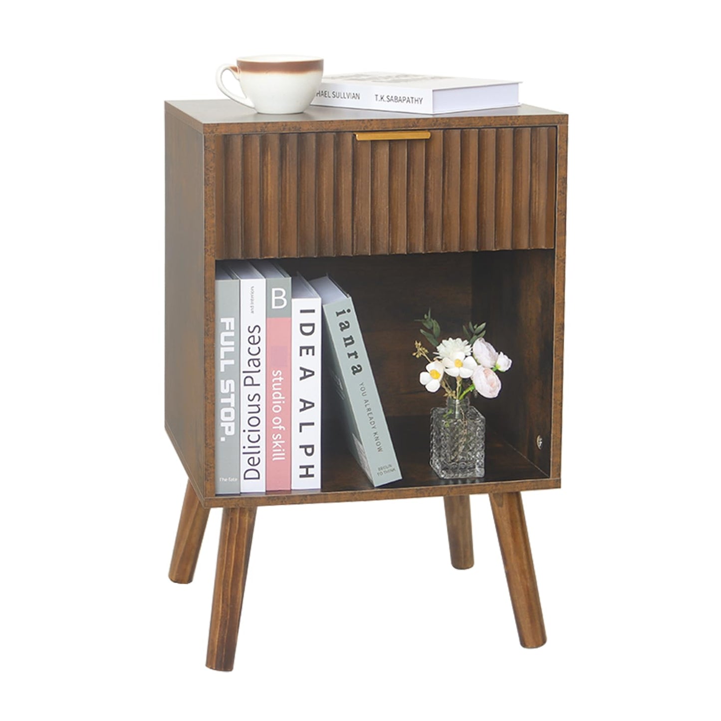 Fultyle Mid Century Modern Nightstand, Wood Bedside Table with Drawer and Open Storage, End Table Living Room Fluted Night Stand with Solid Wood Legs for Bedroom (Rustic Brown)