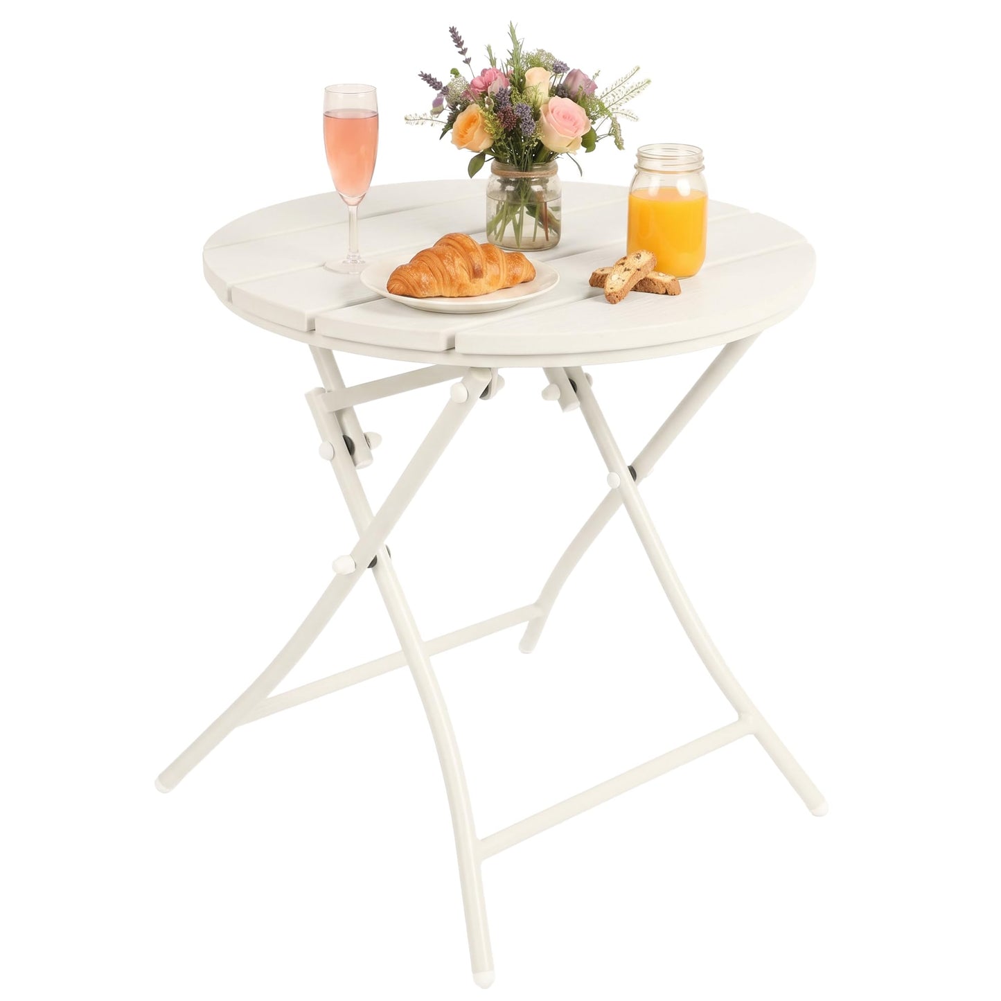 TeoKJ Folding Small Outdoor Side Tables, HDPS Patio Table with Metal Legs, Outdoor Small Round Table for Garden,Deck, No Assembly Patio Table Round Nightstand for Porch Yard Balcony Deck Lawn, White
