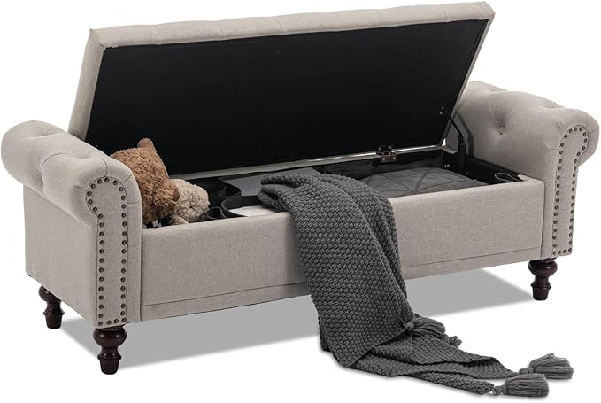 SOFTHION 58.1" Storage Bench Upholstered Linen End of Bedroom Bed Bench Ottoman