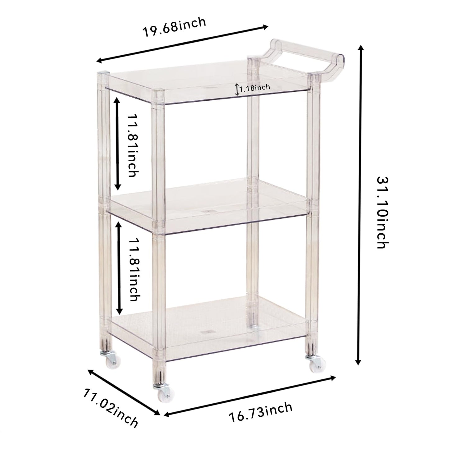 Dachsy Acrylic-Style Utility Rolling Cart, 3-Tier Clear Storage Cart with Pulling Handle & 4 Wheels for Kitchen Living Room Dining Bathroom Laundry, Multifunction Serving Trolley (Transparent)