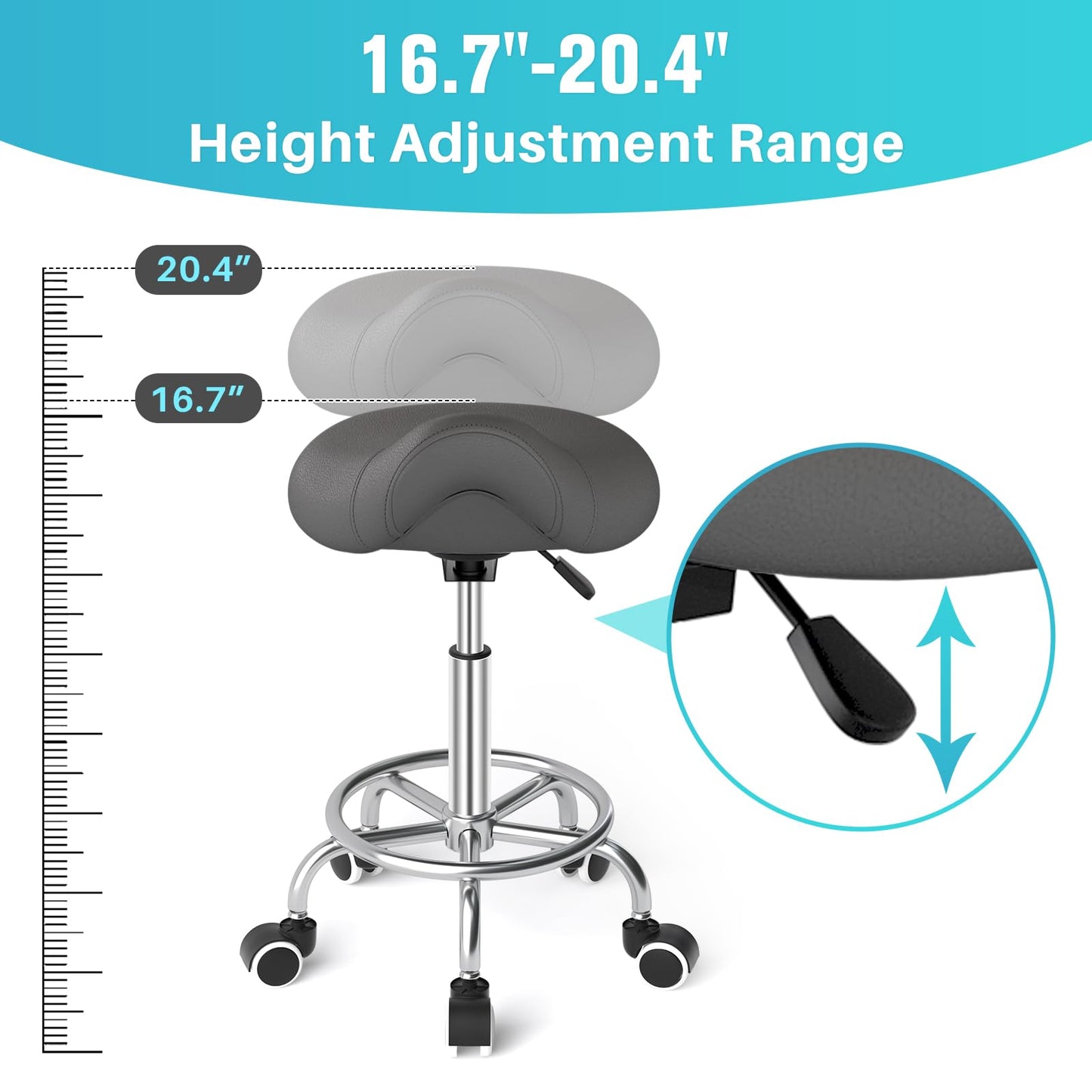 YEEZEE Saddle Stool Ergonomic- Comfortable Rolling Saddle Stool with Wide Thick Saddle Seat Padding, Swivel Adjustable Saddle Chair with Wheels and Ring Pedal for Medical Massage Salon (Grey)