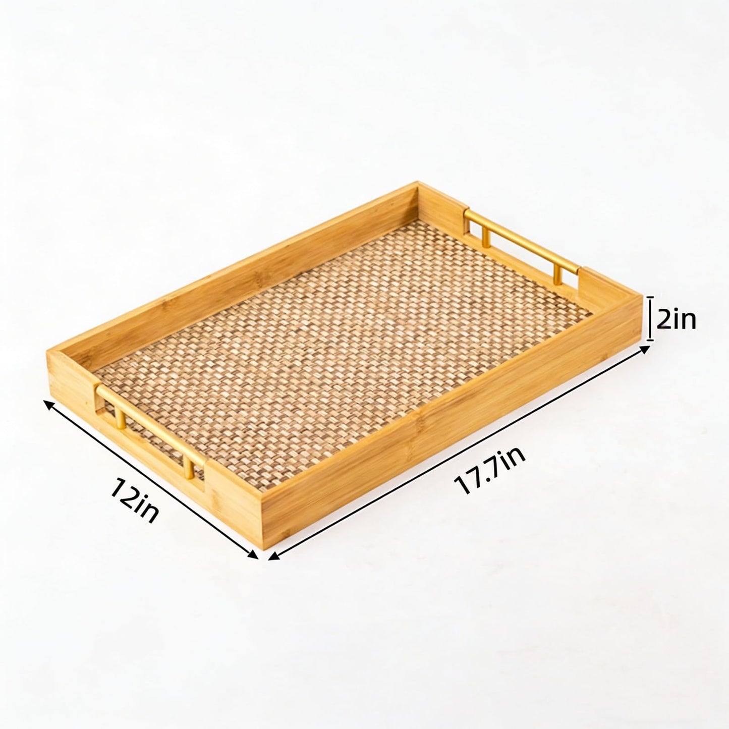 17.7x12in Bamboo Trays with Metal Handles Suitable for Bamboo Tray for Bathroom Coffee Tables Breakfast Dinner Kitchen Barbecue Ottoman Storage Tray