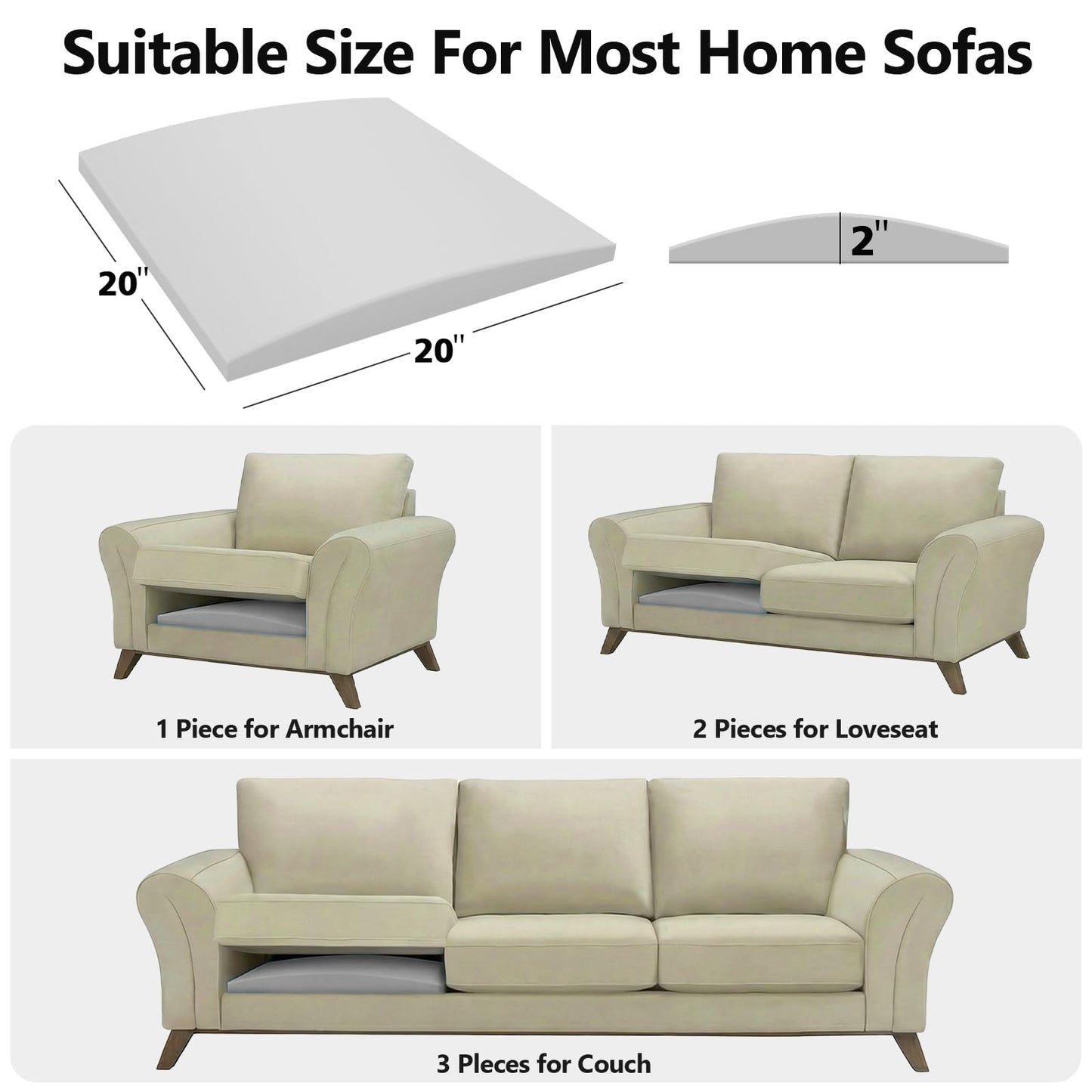 RA RUNNING ALIEN Couch Cushion Support for Sagging Seat 20"X 20"Insert Pads Supports Cushion Under Sag Repair, Curved High Density Foam Cushion Replacement for Sectional Loveseat Chair,Gray Set of 1