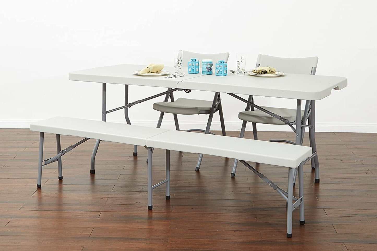 Office Star Resin Multipurpose Rectangle Table, 6-Feet, Center Folding with Wheels, Light Gray