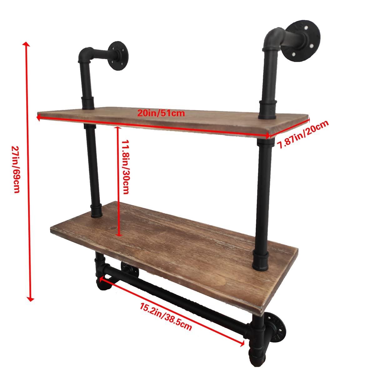LooftMate Industrial Pipe Shelf,2 Tiered Metal Towel Racks for Bathroom,20" Industrial Pipe Floating Shelves Shelving,Rustic Wood Wall Mount Shelf with Bar,Iron Towel Holder