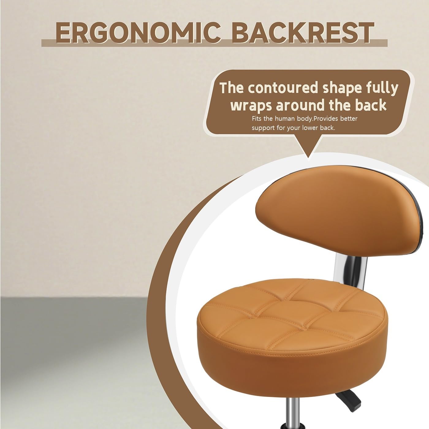 Kaleurrier Rolling Stool with Back Support: Adjustable Height 22-30 inches for Nail Lash Tech Stylist - Heavy Duty Stool Chair with Wheels for Salon Shop Office Kitchen Garage