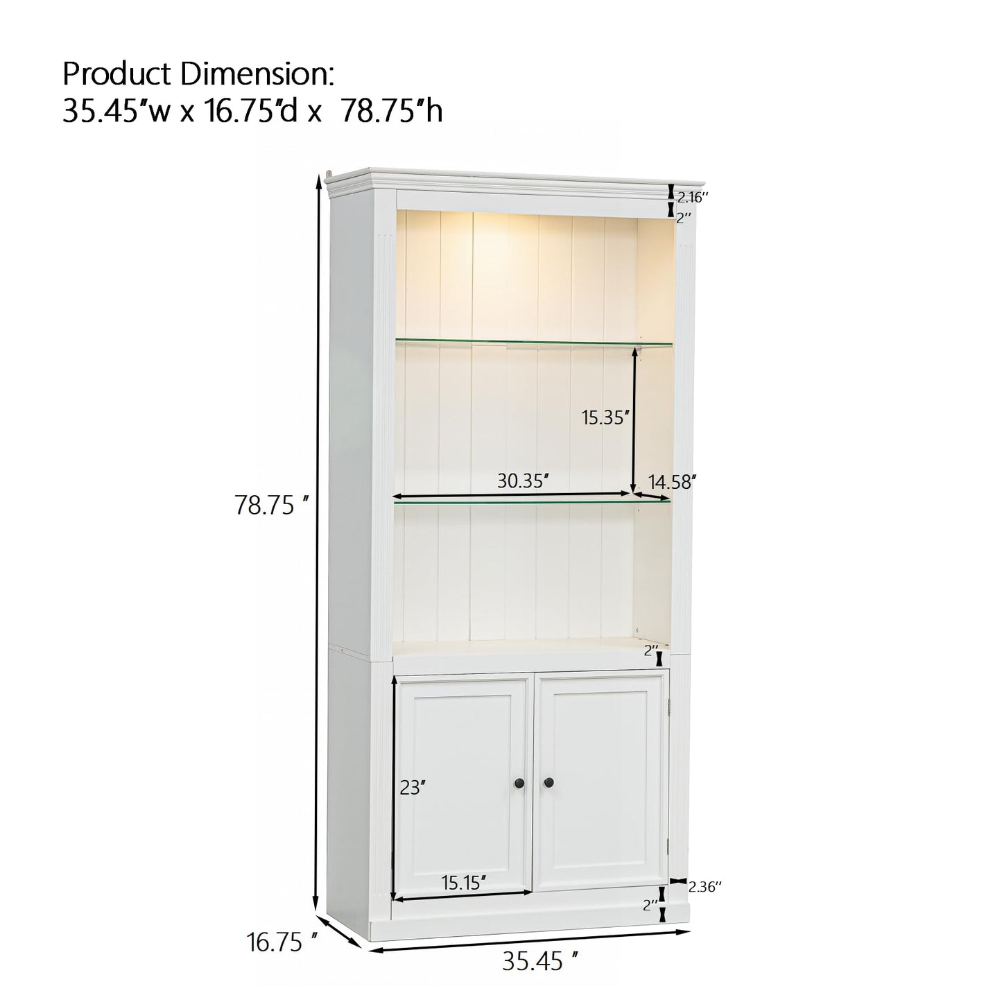 Merax White Narrow Bookshelf 35" Wide 79" MDF Tall Bookcase Collection Books Storage Cabinet with Adjustable 5 Colors Ceiling Light for Living Room, Home Office, Studio