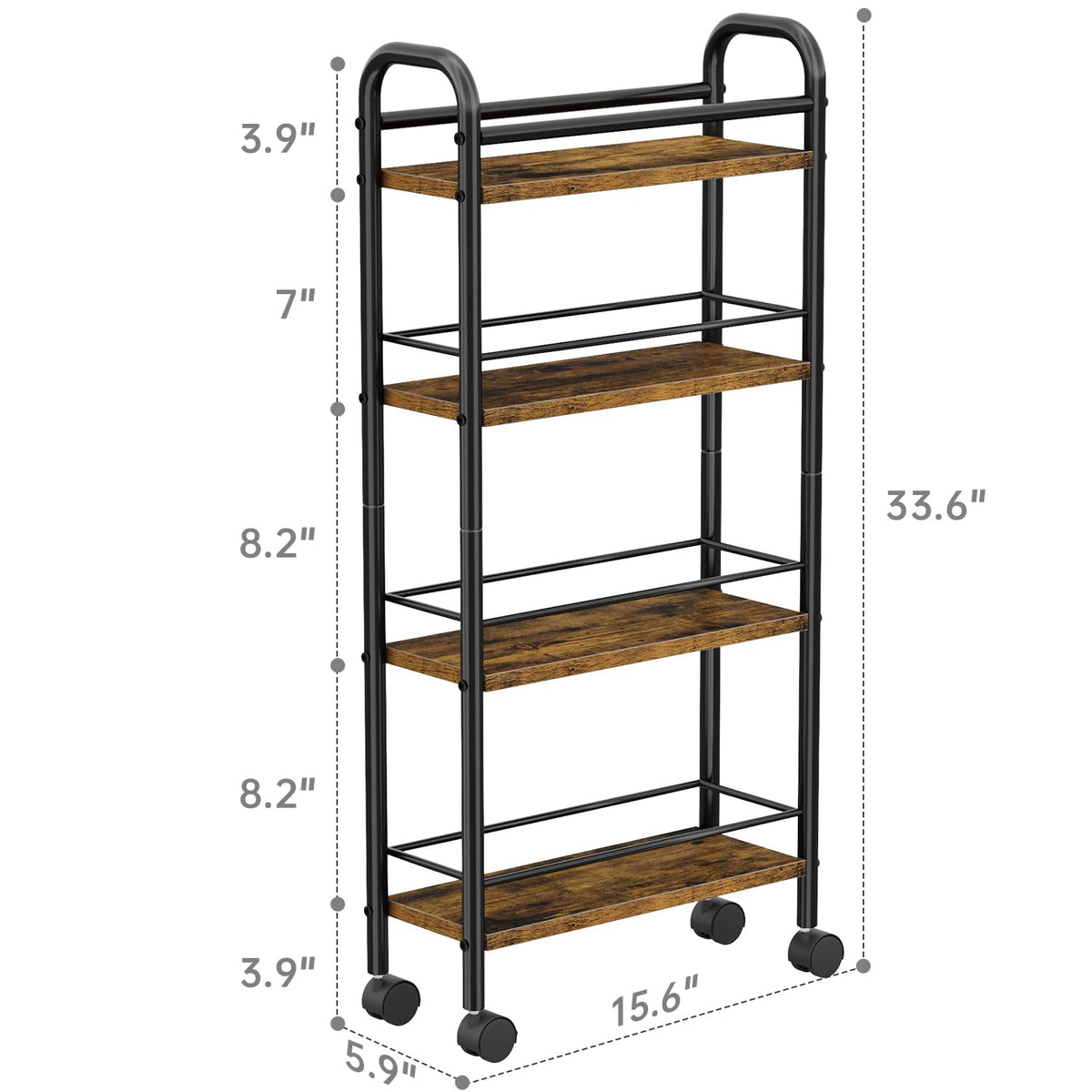Asgolion Slim Storage Cart, 4-Tier Small Rolling Cart with Wheels, 5.9" Deep, Narrow Bathroom Shelf Trolley for Kitchen, Bathroom, Laundry Room, Rustic Brown Standard 4-Tier (5.9" W x 33.6" H)