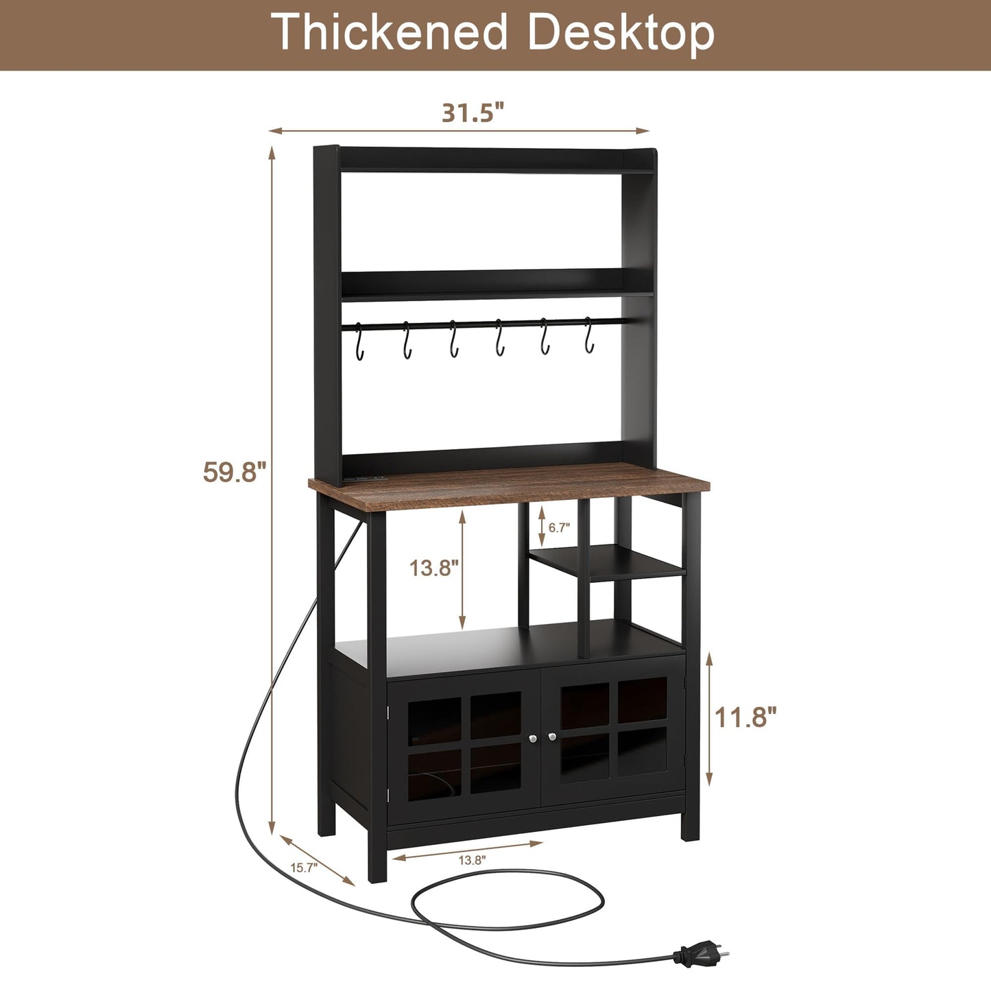 ChooChoo Farmhouse Coffee Bar Cabinet with Storage, Bakers Rack with Power Outlets, Microwave Stand Kitchen Cabinet with Hutch and 6 Hooks, Black