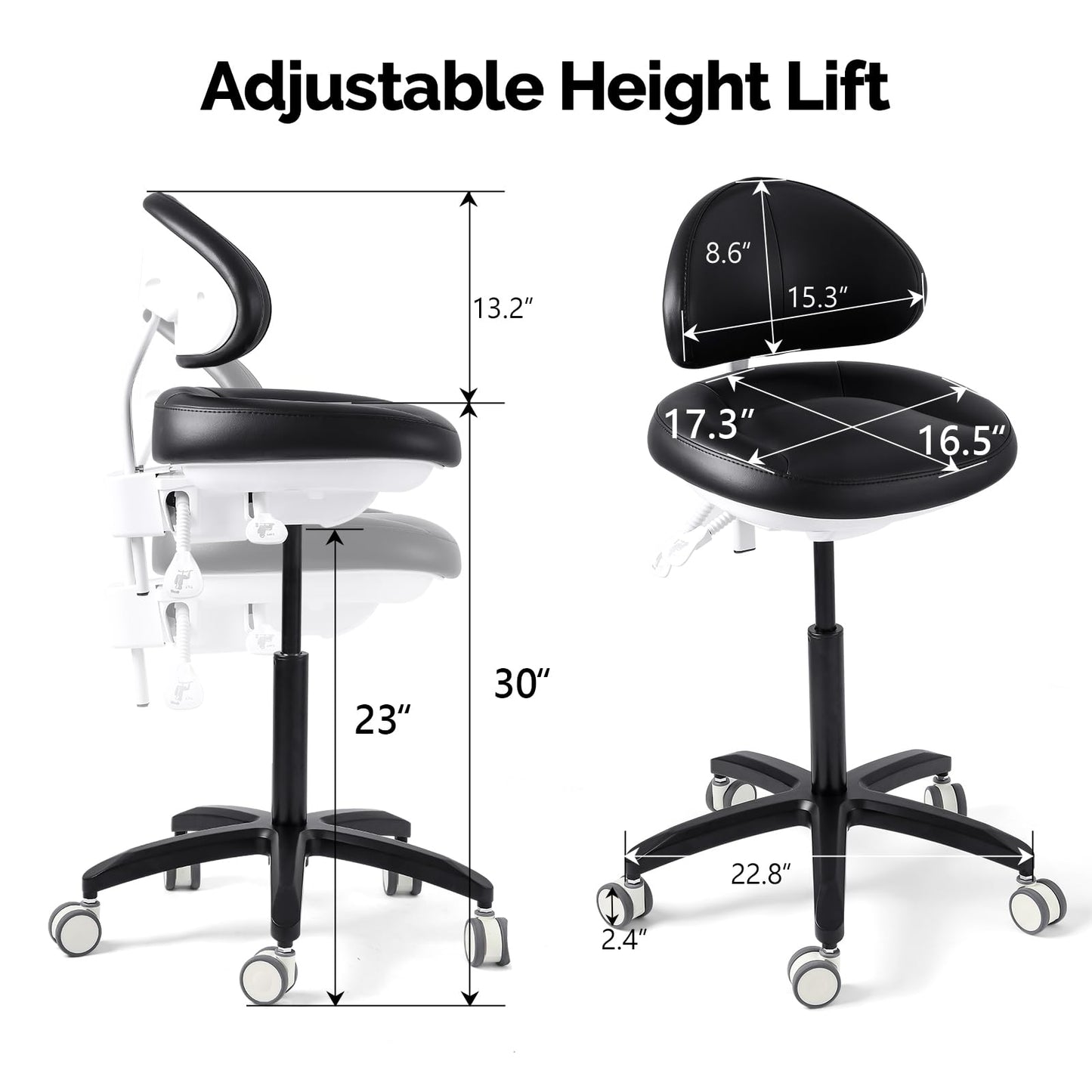 JMU Dental Stool, Adjustable Height Rolling Stool with Backrest, 350lbs Load Capacity Microfiber Leather, for Medical Clinic Lab Tattoo Salon, Black