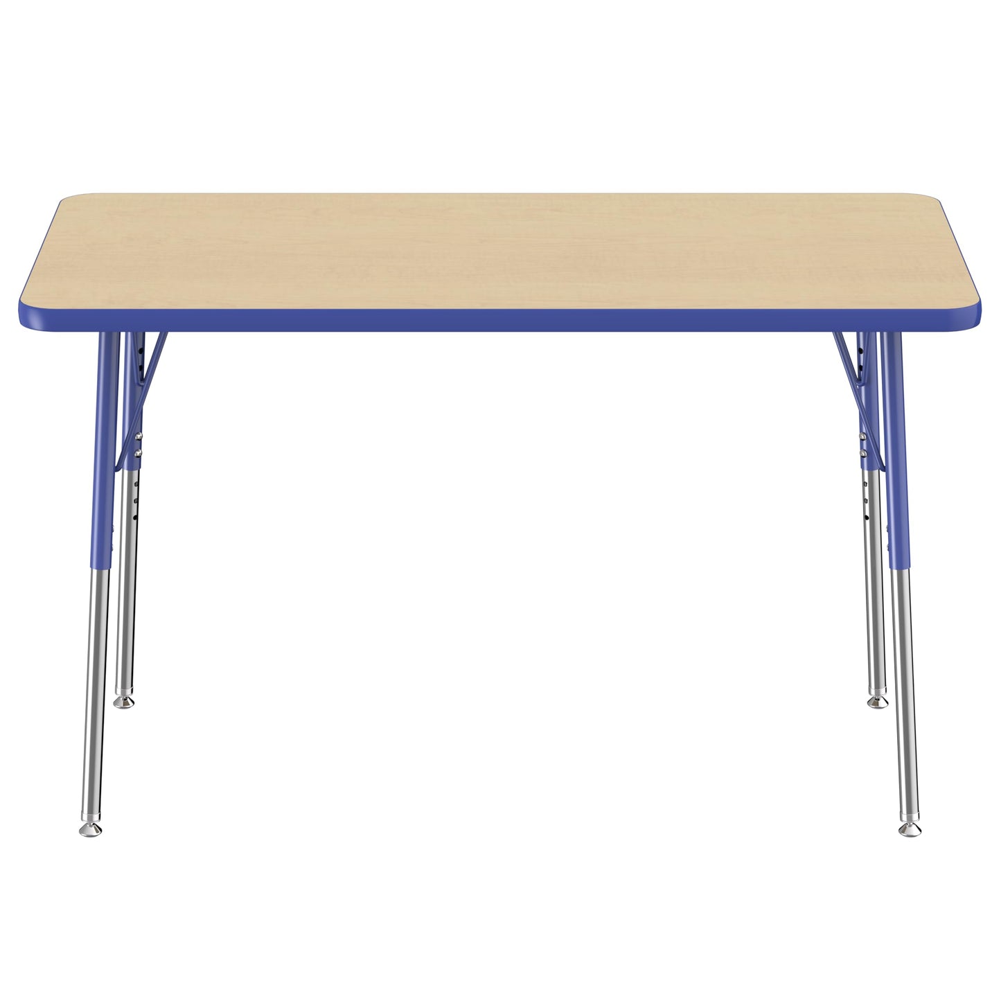 FDP Rectangle Activity School and Office Table (24 x 48 inch), Standard Legs with Swivel Glides, Adjustable Height 19-30 inches - Maple Top and Blue Edge