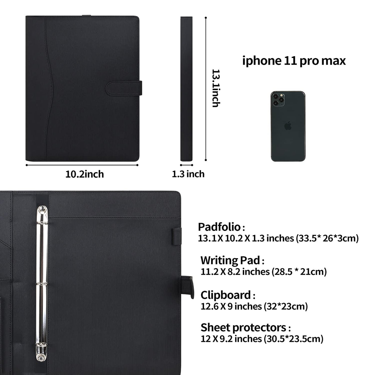 Wonderpool A4 PU Leather Portfolio Holder Ring File Document Case with Removable Binder Clipboard, Multi Pocket and Legal Pad for Business Organizer Interview and Meeting (Black)