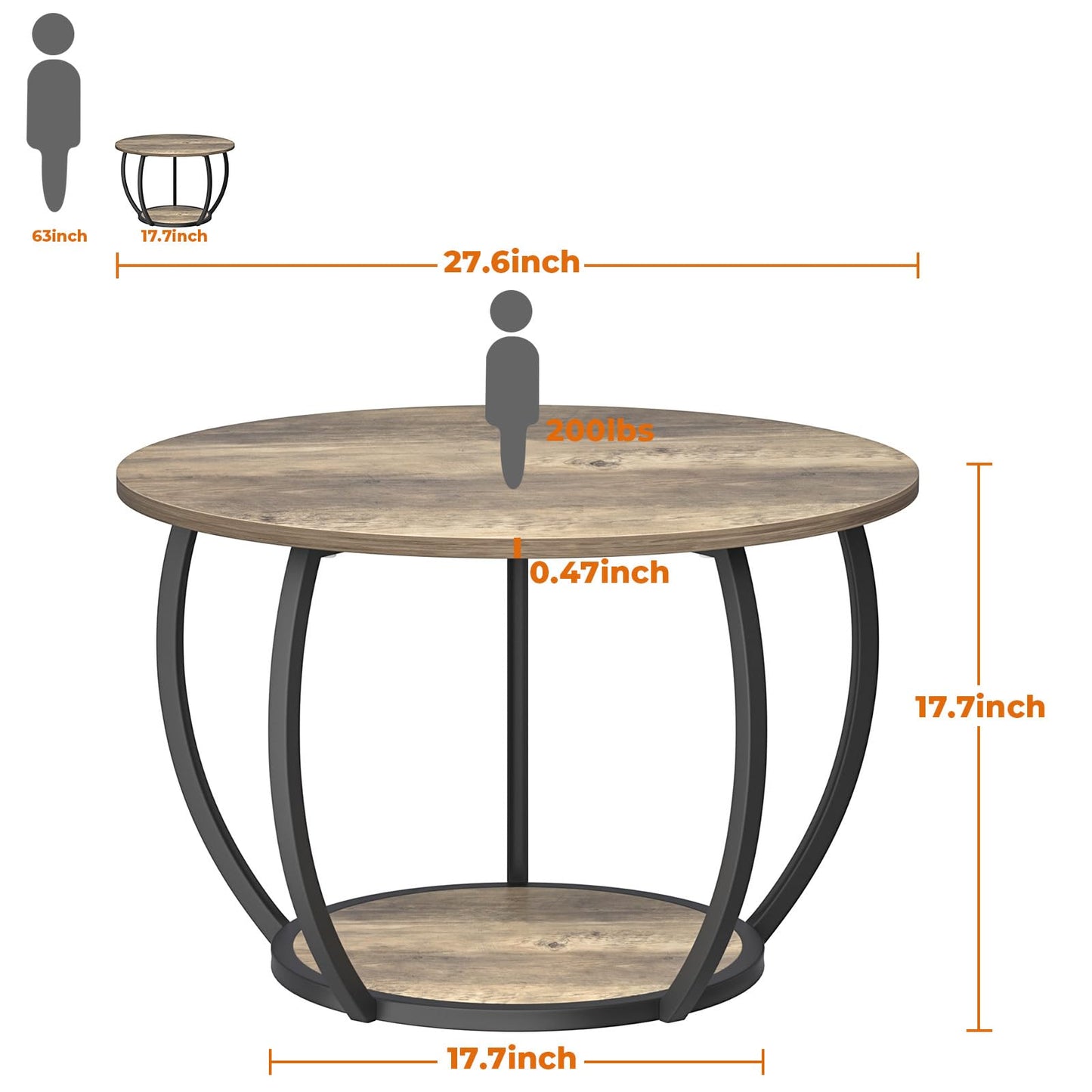 GreenForest Round Coffee Table with 2-Tier Open Storage, 27.6 inch Small Circle Coffee Tables with Adjustable Feet, Modern Mini Center Table for Small Living Room, Grey Wash