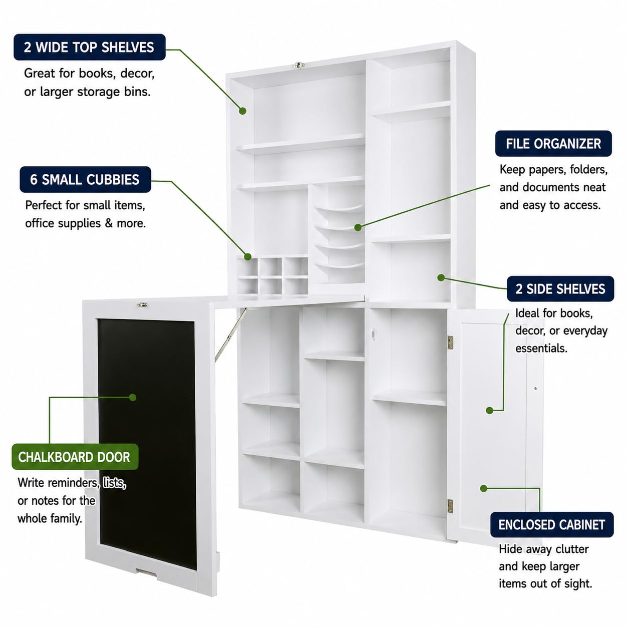 Utopia Alley Fold Down Wall Desk with Storage Shelves – Space Saving Murphy Desk Cabinet for Home Office, Craft Room, Apartment & Small Spaces, White