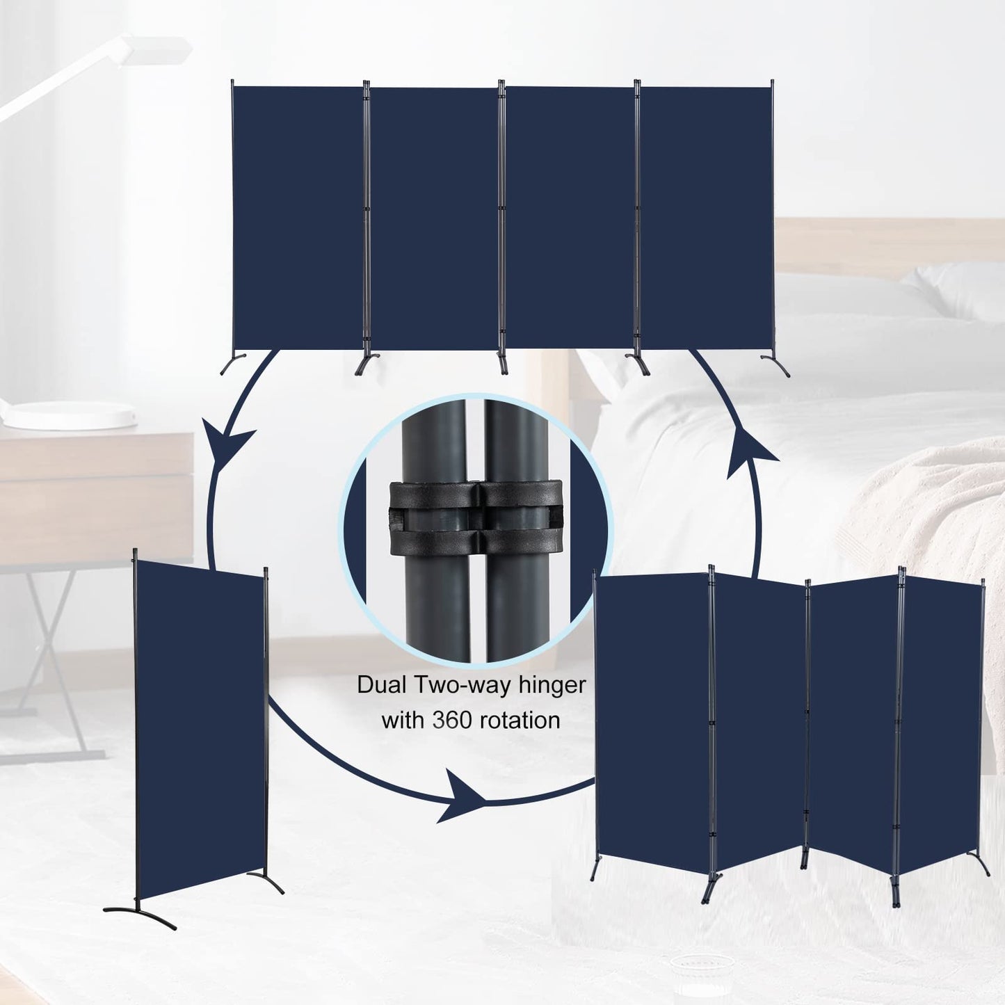 YASRKML Room Divider Folding Privacy Screens, Portable 4 Panel Partition Room Dividers Screen, Freestanding Room Partitions and Dividers, Navy Blue