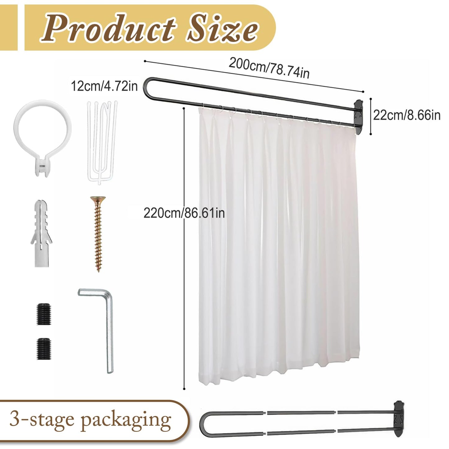 Privacy Partition Curtains,U Shaped Rod with Flat Hook Inherent,U-Shape Portable Panel Room Divider for Fitting Room Beauty Salon Bedroom Hospital SPA, 6.56ft