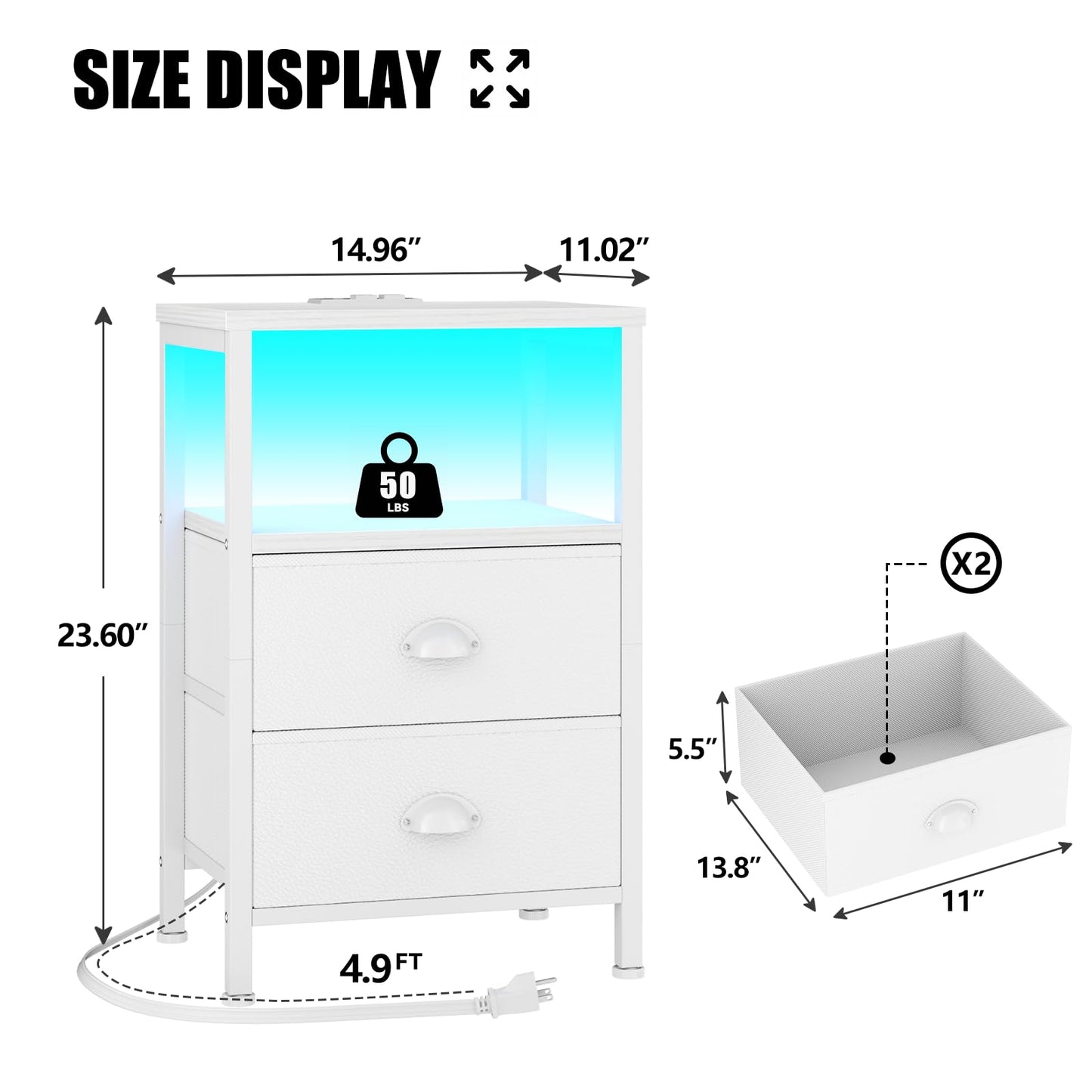 Furologee Nightstands Set of 2, End Tables Set of 2 with Charging Station and LED Lights, White Night Stands with 2 Fabric Drawers, Bedside Tables for Living Room/Bedroom