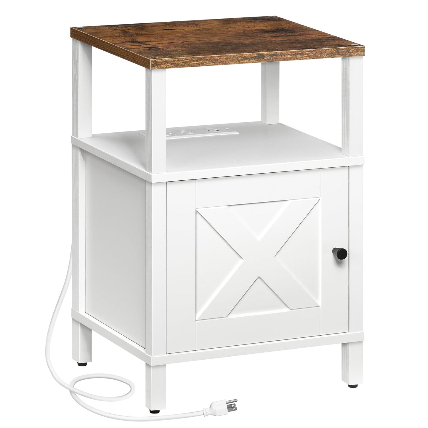 MAHANCRIS Farmhouse Nightstand with Charging Station, Barn Door End Table with USB Ports and Storage Cabinet, Bedside Table for Bedroom, Small Space, White and Rustic Brown ETRW96E01