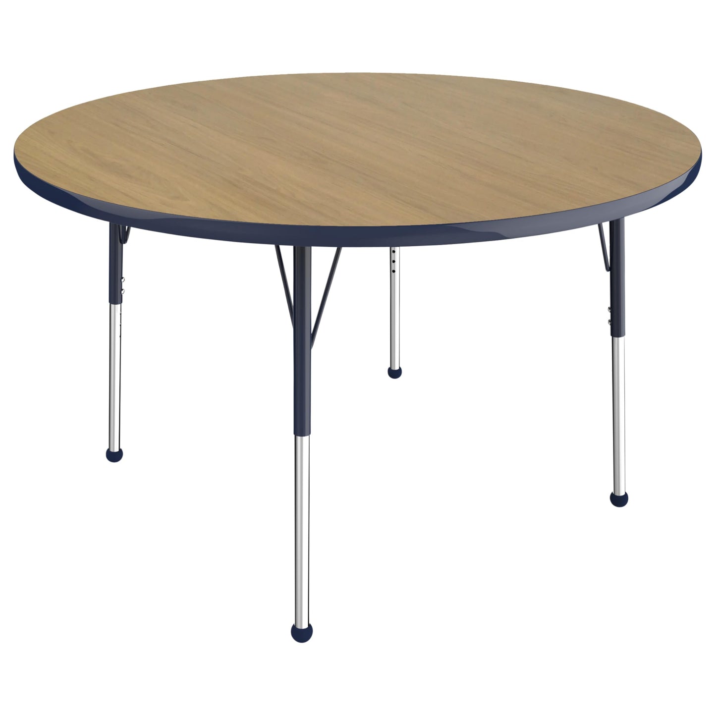 Factory Direct Partners FDP 48" Round Thermofused Classroom Activity Table with Standard Ball Glide Legs, Adjustable Height 19"-30" - Pasadena Oak/Navy - 10138-OPNV