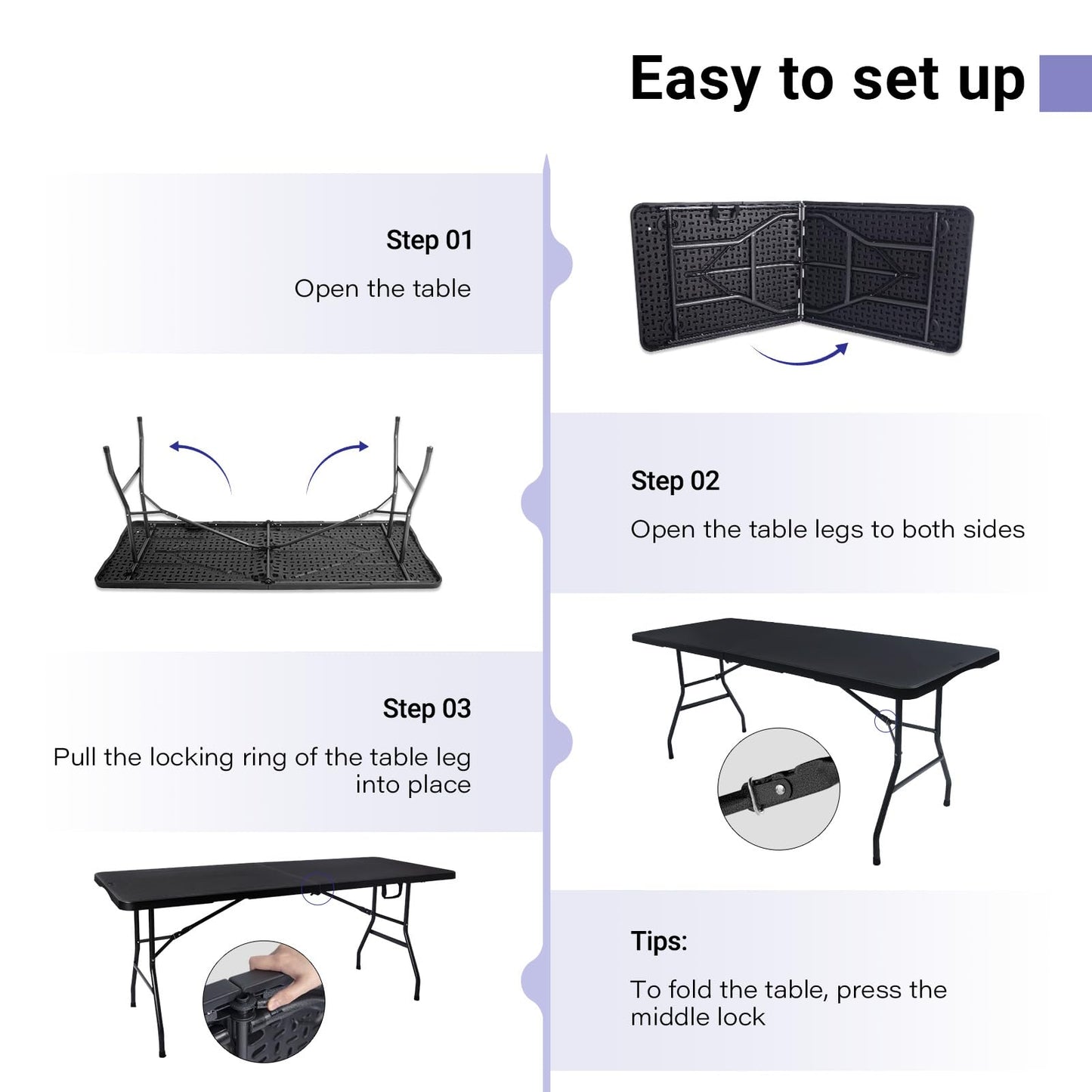 Byliable Folding Table 6ft Portable Heavy Duty Plastic Fold-in-Half 6 Foot Foldable Table Utility Dining Indoor Outdoor for Camping Picnic and Party, Black