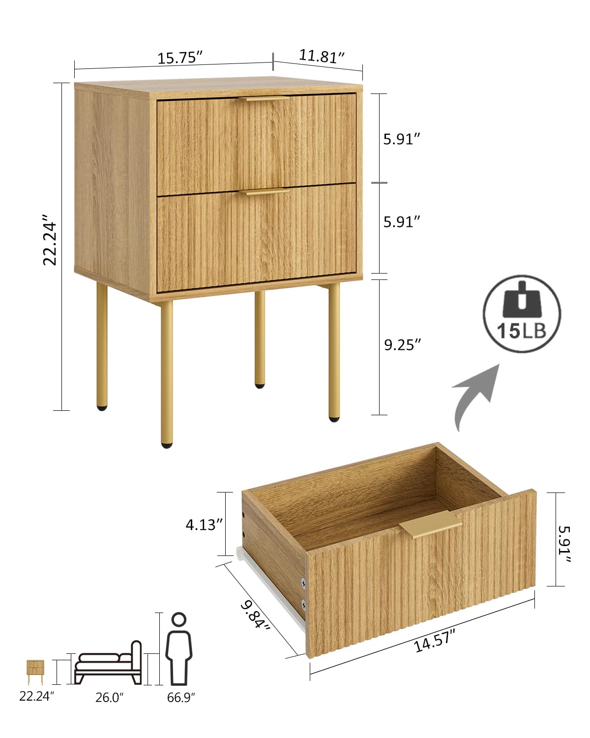 Masupu Night Stand,Mid-Century Modern Bedside Table with 2 Storage Drawer,Small Gold Frame Side End Table for Bedroom,Living Room, Natural