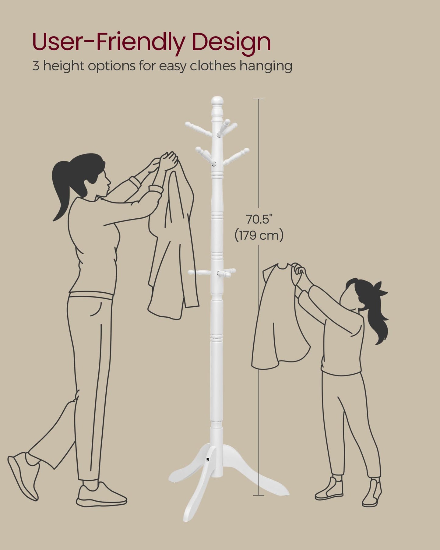 VASAGLE Solid Wood Coat Rack and Stand, Free Standing Hall Coat Tree with 10 Hooks for Hats, Bags, Purses, for Entryway, Hallway, Rubberwood, Cloud White URCR03WT