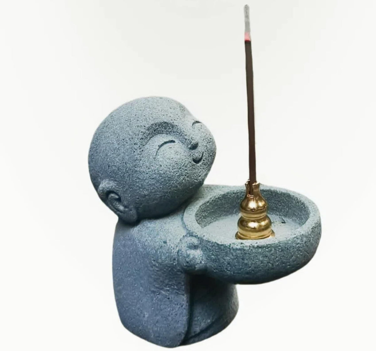 Zen Monk Incense Holder, Sandstone Ksitigarbha Statue for Mindfulness Meditation, Feng Shui Buddha Decor for Home Office, Cute Little Figurine as Candle/Tea Light Stand, Consecrated with Amulet