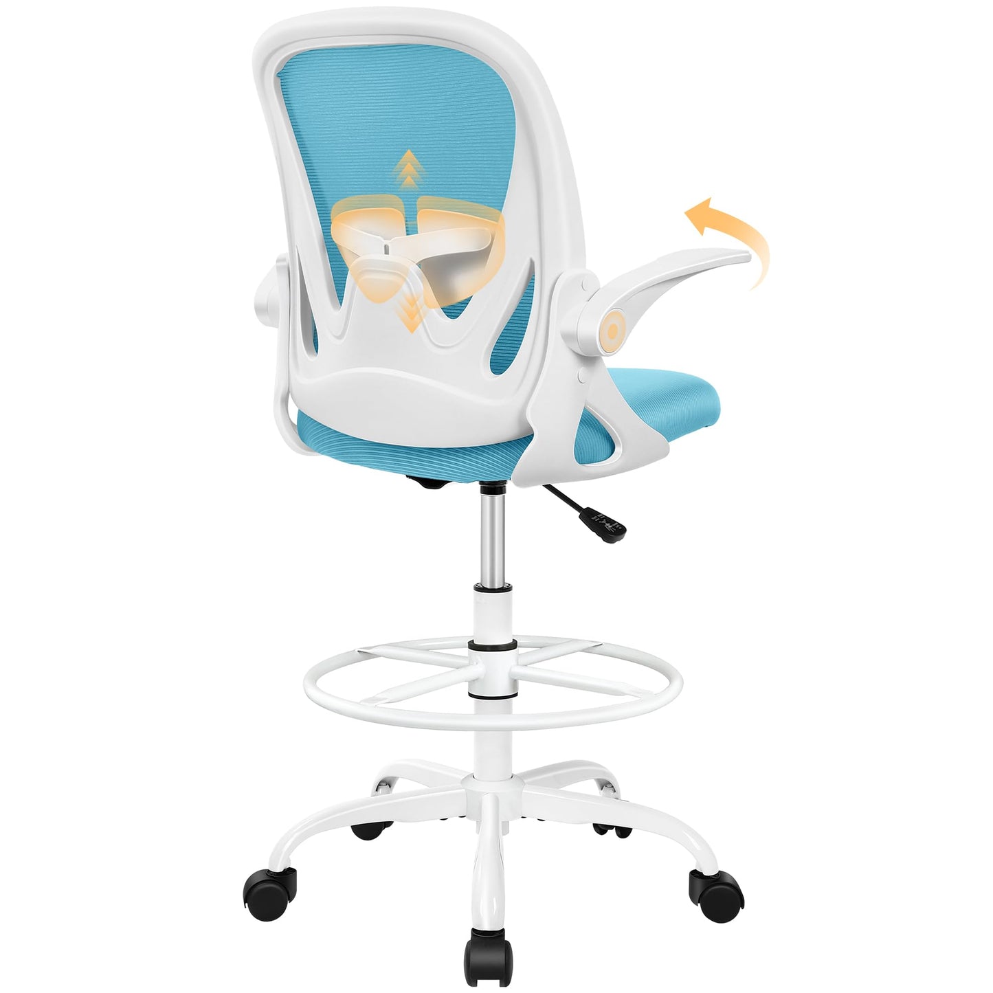 Primy Drafting Chair Tall Office Chair with Flip-up Armrests Executive Ergonomic Computer Standing Desk Chair with Lumbar Support and Adjustable Footrest Ring（Blue）