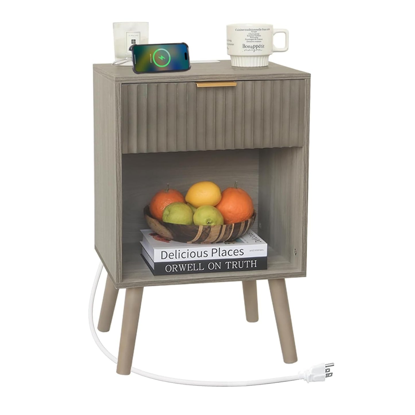 Fultyle Grey Wood Nightstand with Charging Station, Modern Bedside Table with Fluted Drawers and Storage Shelf, End Side Tables Living Room for Bedroom, Office (Grey)