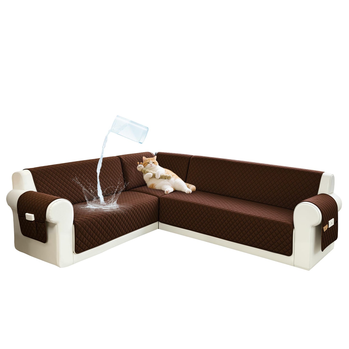 SYJOVIA Sectional Couch Covers for Dogs 100% Waterproof Corner L Shaped Sofa Cover Pet Friendly Velvet Washable Anti Slip L Shape Modular Sofa Slipcover Protector with Pockets (Dark Coffee, X-Large)