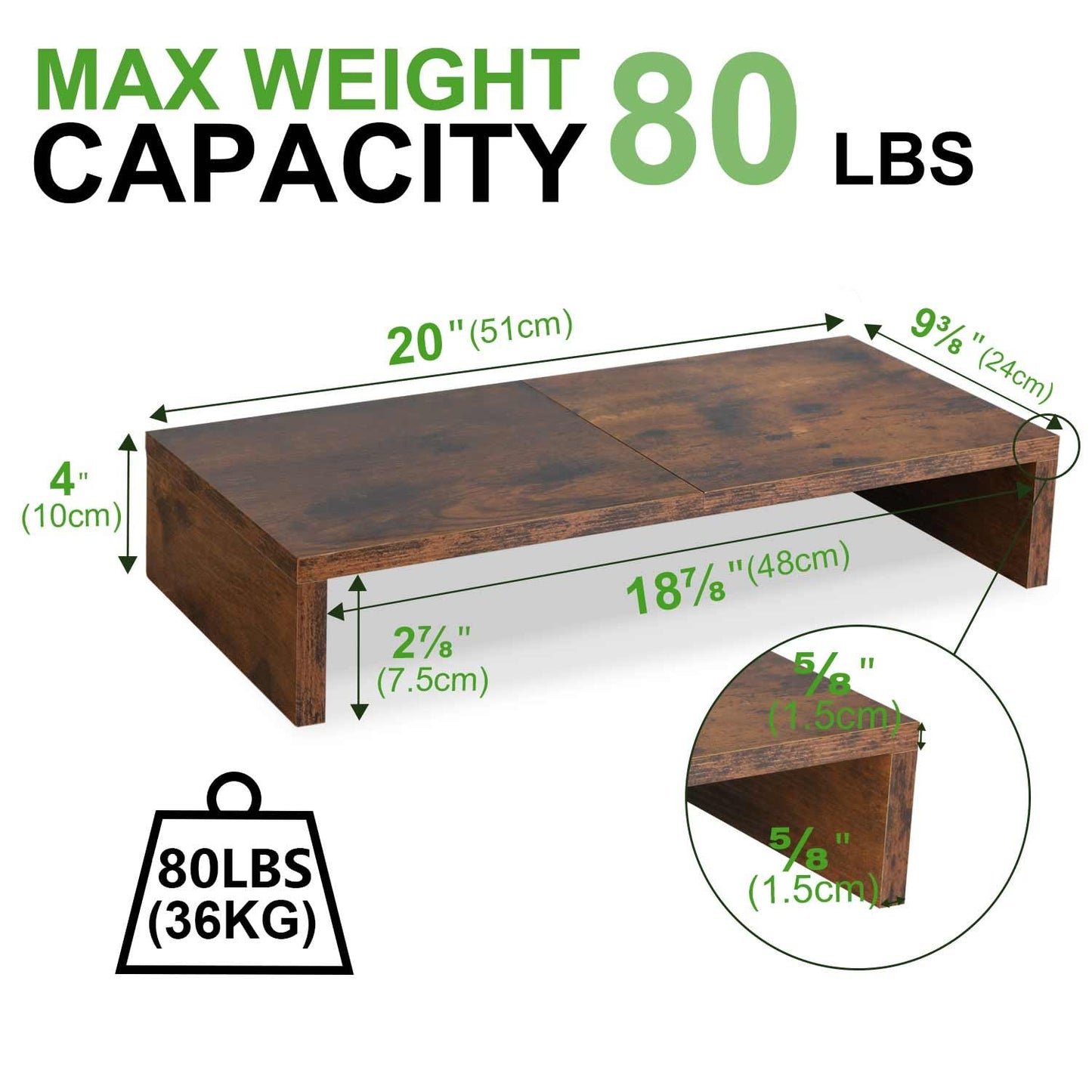 TEAMIX 2 Pack Monitor Stand Riser-20 inch, Wooden Tabletop Shelf for TV/PC/Laptop/Printer, Rustic Brown Monitor Riser with Storage, Computer Stand Ergonomic Design