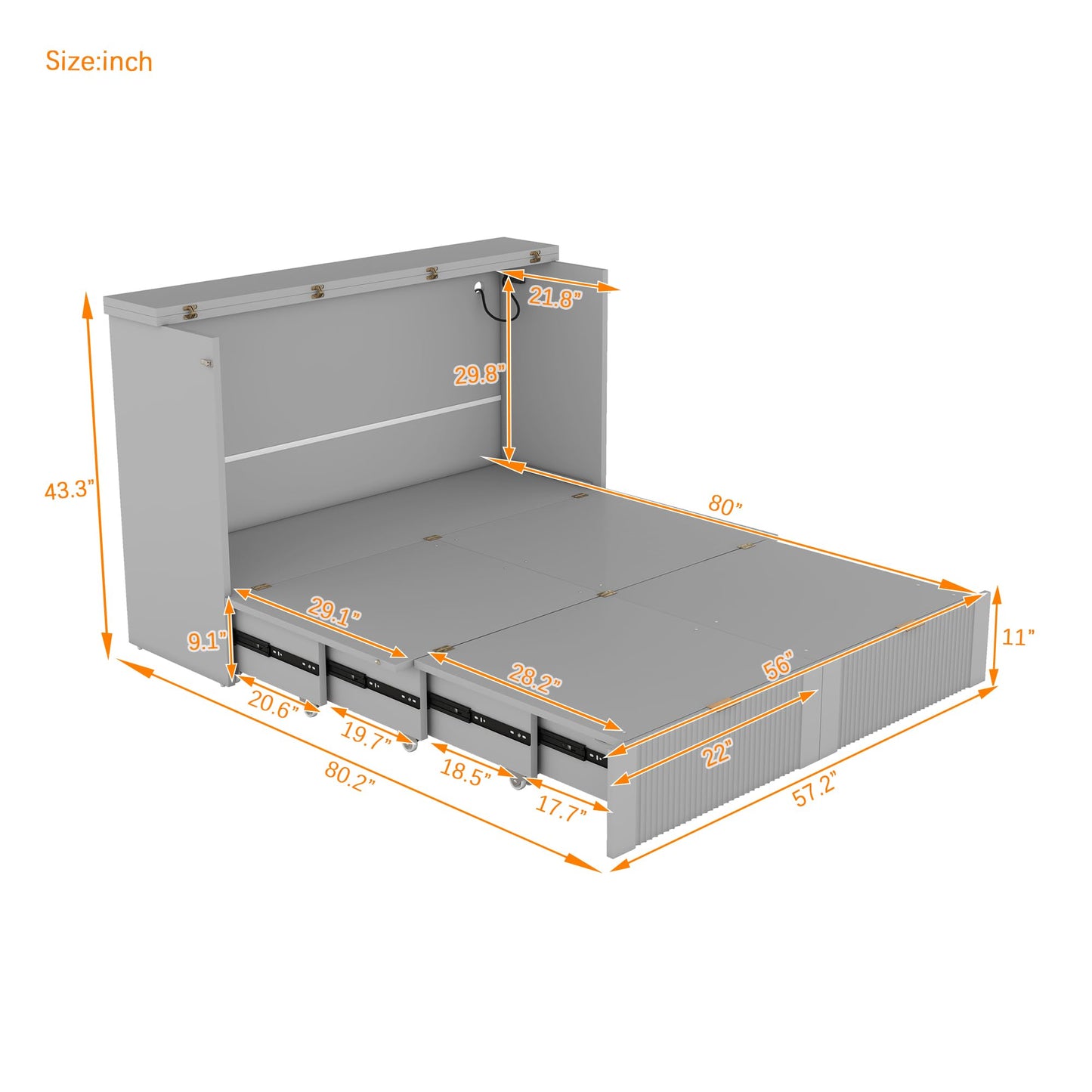 KOYVRY Murphy Bed Cabinet - Hidden Murphy Beds with Pulley Structure Design and Flexible Slats, Murphy Bed Dresser with 2 Drawers, 2 Storage Cabinets and Sockets & USB Ports (Gray, Full)
