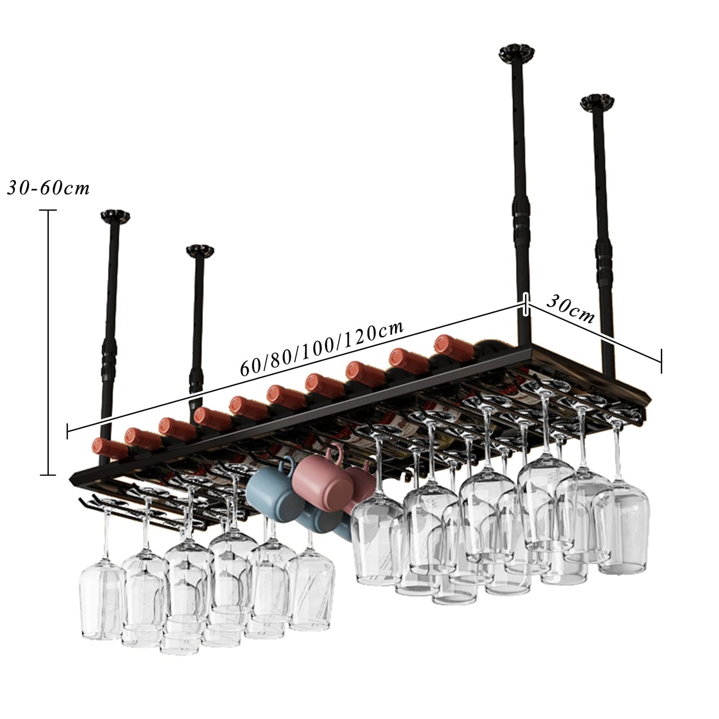 Wine Rack Wine Shelf Ceiling Adjustable Hanging Metal Wine Holder Floating Iron Bottle Holder Wine Shelf Storage Shelve for Bar Cafe Kitchen Party