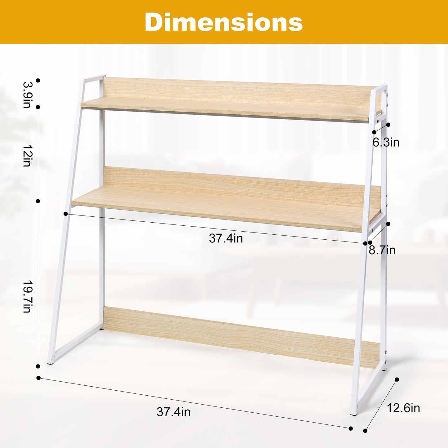 KIOMIMI 2-Tier Desktop Bookshelf & Hutch - Fits Over Large Monitors - Modern Desk Organizer with Metal Frame - Vertical Storage for Small Desks, Home Office, Dorm, Makeup Vanity (Blonde Wood/White)
