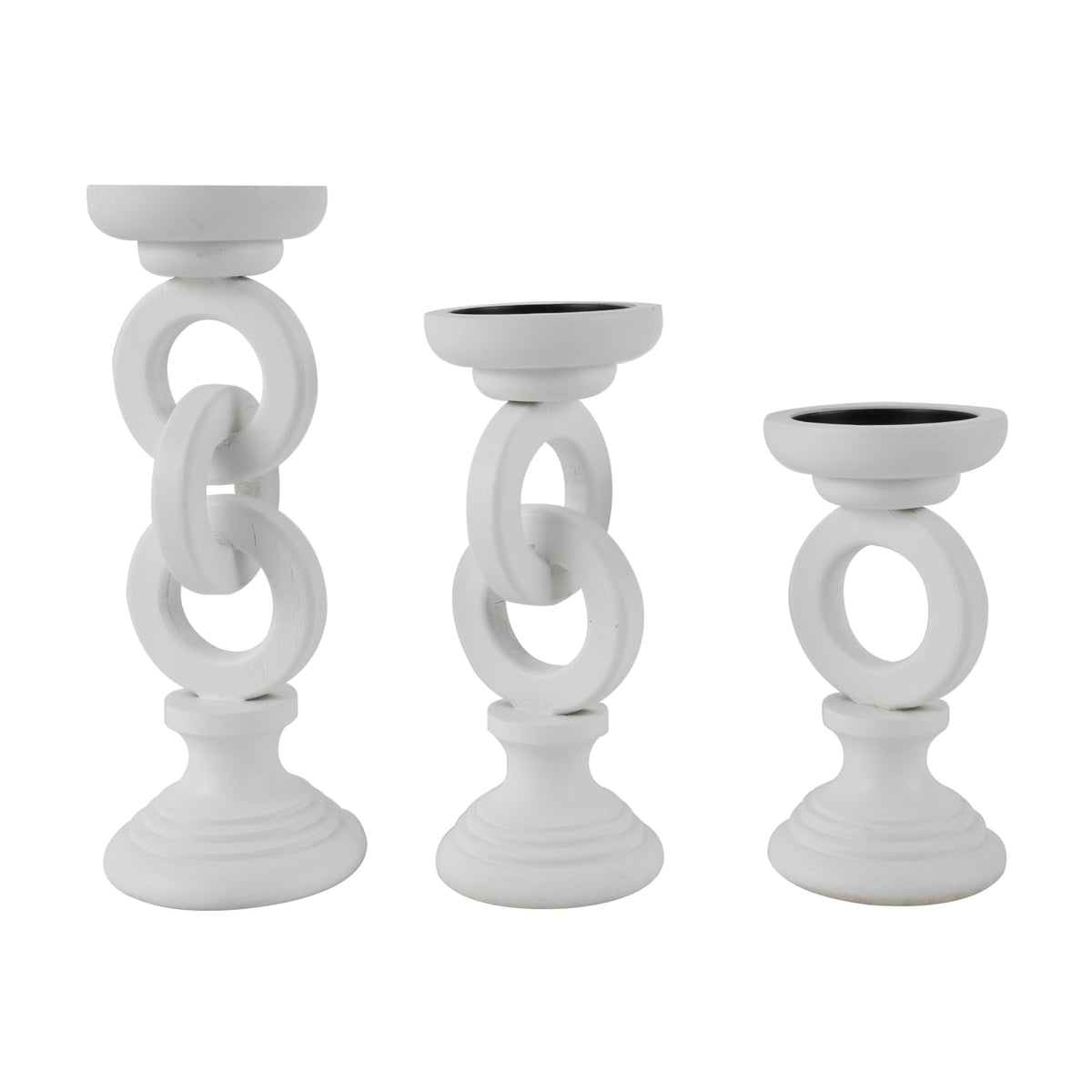 Deco 79 Wooden Decorative Candle Holder Chain Link Candle Stand, Set of 3 Candlestick Holder 13", 11", 9" H, White