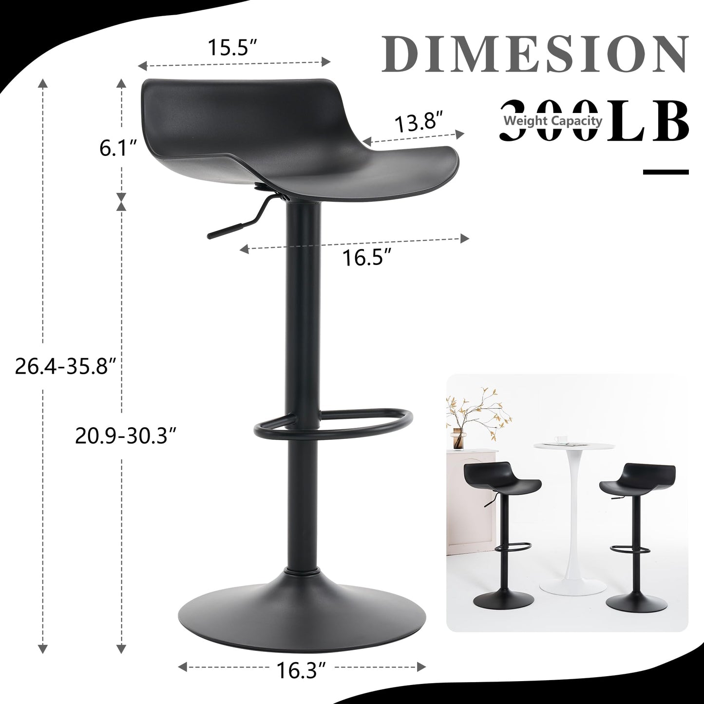 YOUNIKE Black Adjustable Height Bar Stools Set of 2 Plastic Swivel Barstool with Low Back Modern Kitchen Counter Island Bar Chairs for Breakfast Nook Cafe Bars Office