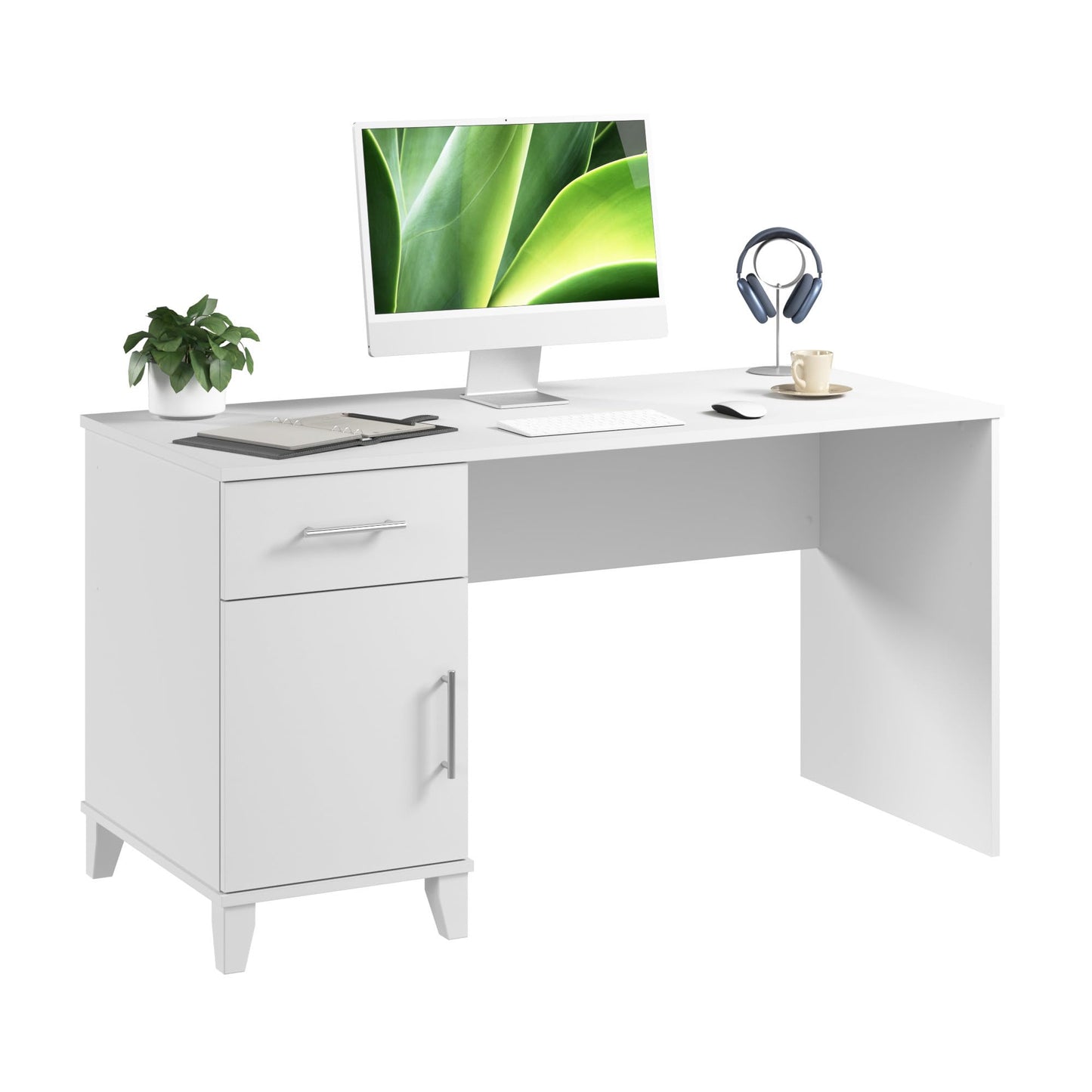 Bush Home 54-Inch Office Desk with Drawer and Storage Cabinet, Computer Desk with Box Drawer and Adjustable Shelf, Home Office Workstation Furniture, Somerset Collection, White