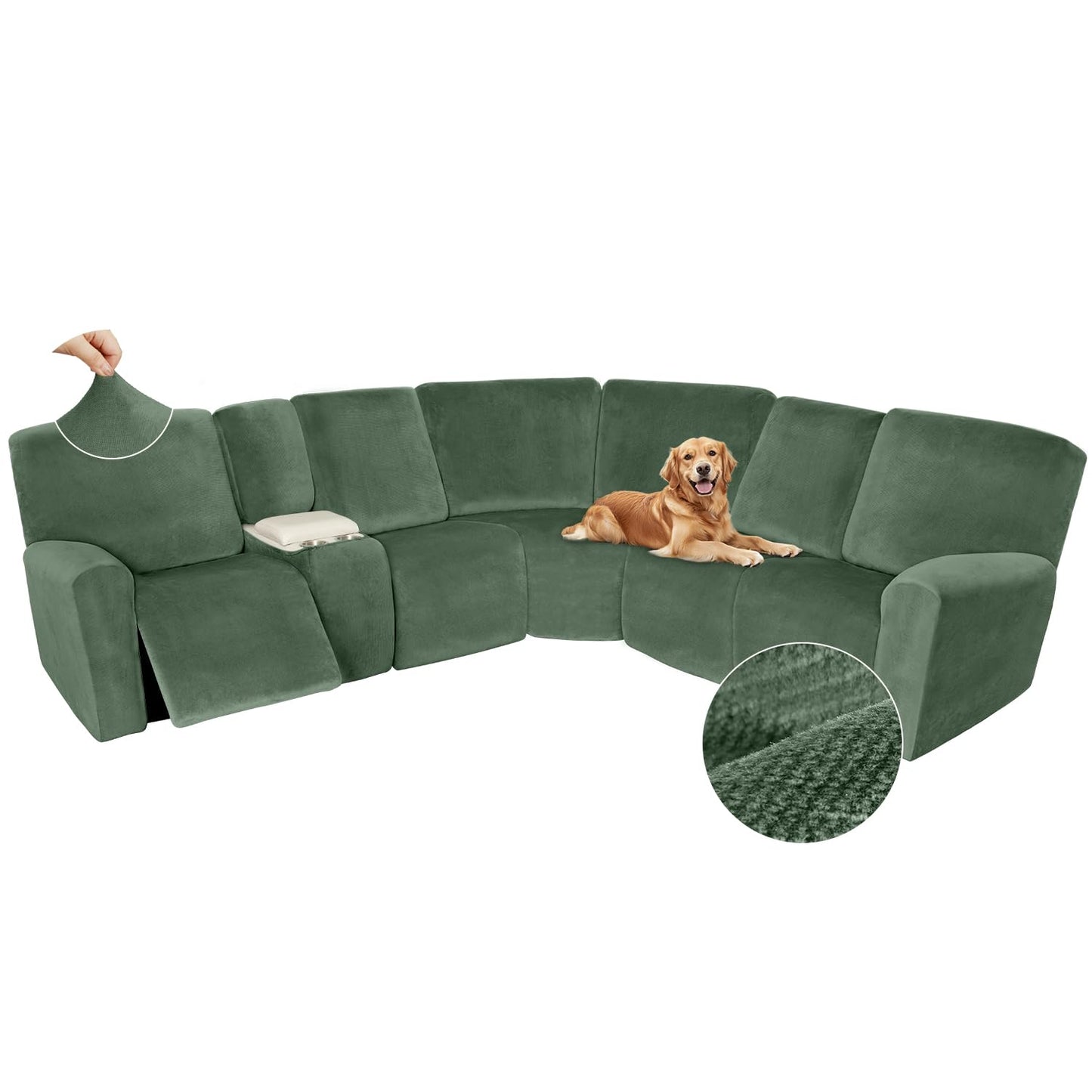 Arfntevss Sectional Recliner Couch Covers Velvet Washable Corner Sectional Sofa Cover for Reclining Stretch Soft Thick L Shape Recliner Slipcover Set (5 Seat with 1 Console Cover, Grayish Green)