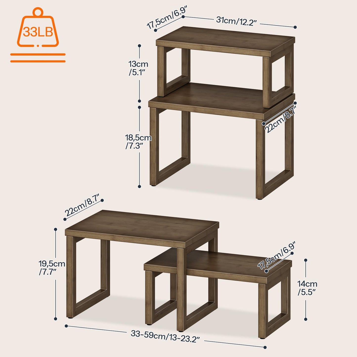 HOOBRO Cabinet Organizer Shelf, Set of 4 Kitchen Counter Shelves, Expandable Kitchen Storage, Stackable Bamboo Spice Rack, for Kitchen, Countertop, Office Desk, Living Room, Mocha MA20TLP201