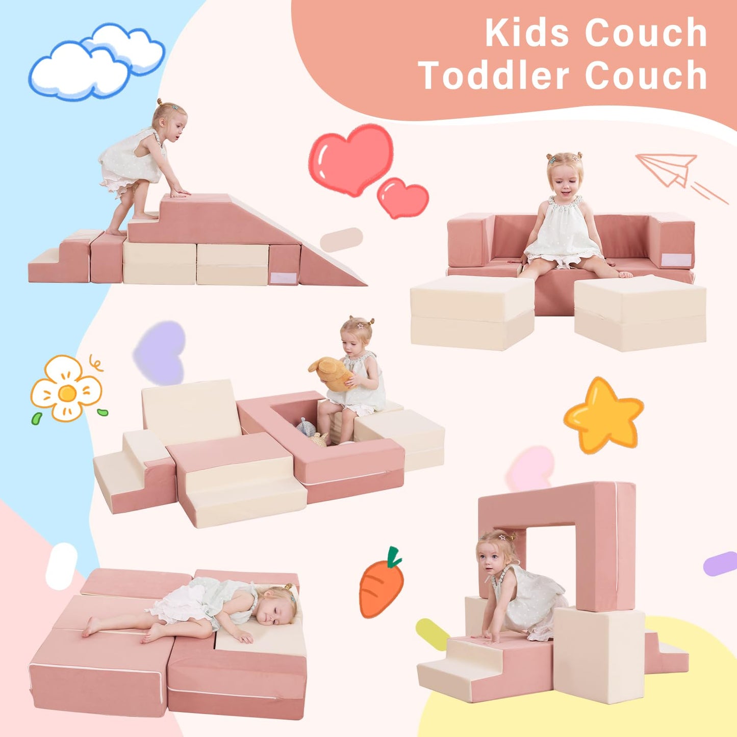 HAHASOLE Kids Couch, Modular Toddler Couch for Playroom, Kids Sofa with Ottomans, Foam Play Blocks with Stair and Ramp, Convertible Plush Sofa, Removable Cover