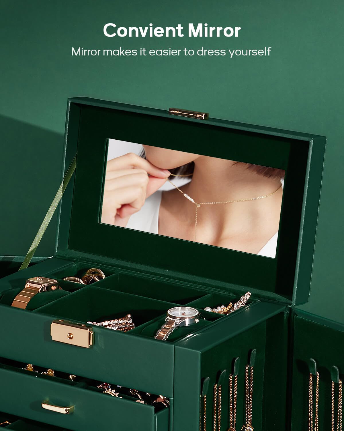 Homde Synthetic Leather Huge Jewelry Box Mirrored Watch Organizer Necklace Ring Earring Storage Lockable Gift Case (Forest Green + Gold)