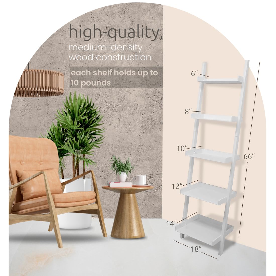 Kiera Grace Providence Hadfield 5 Tier Ladder Shelf, Leaning Bookshelf Storage Rack for Home, Office, 18" x 67", White