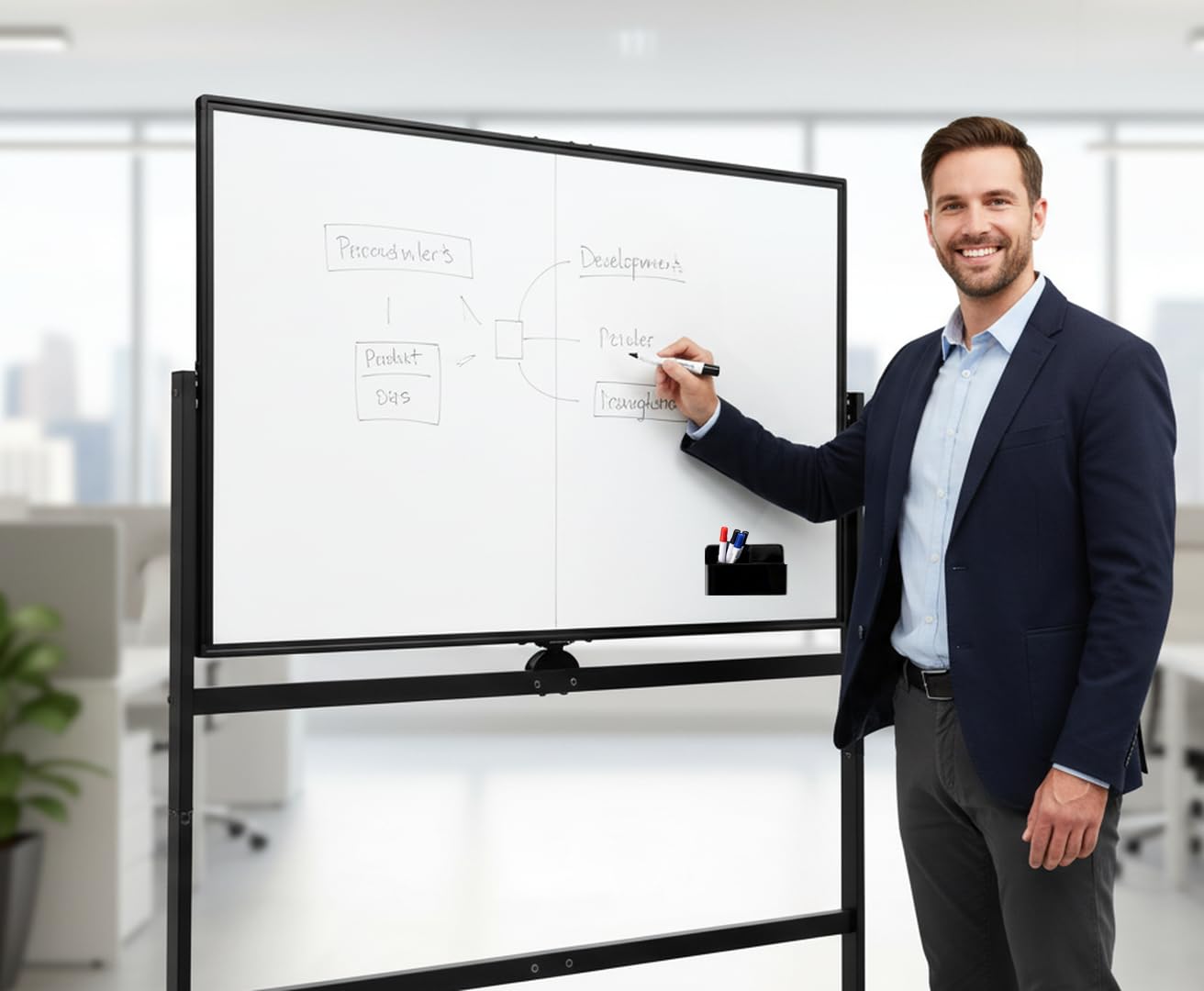 A AIRLLEN Large White Board 32x48 Inches - Mobile Rolling White Board on Wheels, Dry Erase Display for Home, Office, School