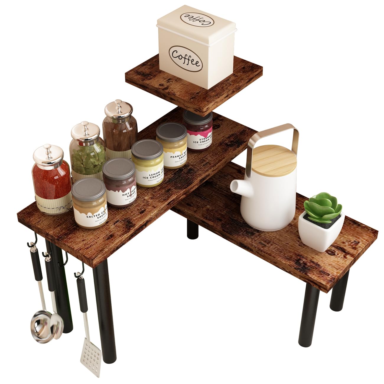 Homode Kitchen Countertop Organizer - 3 Tier Corner Shelf, Bathroom Counter Organizer, Spice Rack, Coffee Bar, Over Sink, Rustic Brown