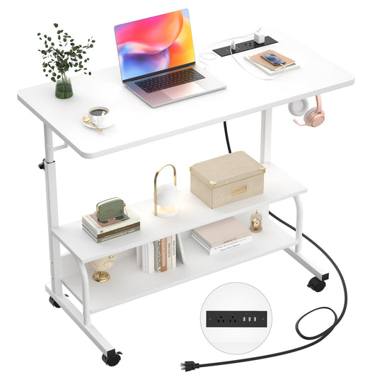 Armocity Rolling Standing Desk with Charging Station, Portable Height Adjustable Mobile Computer Desk with Wheels & 2-Tier Shelves & Hooks, Easy Assembly Laptop Table for Couch Bed, 32" White