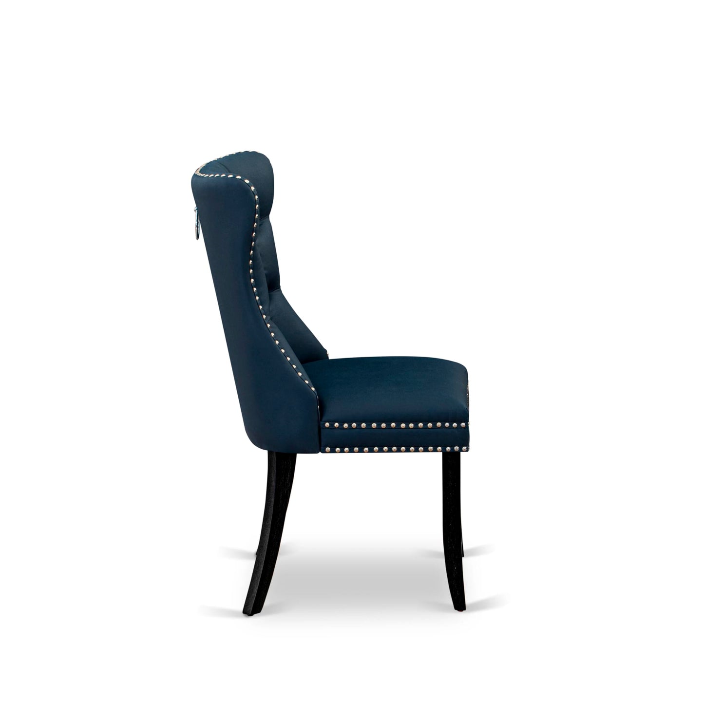 East West Furniture DAP6F29 Dallas Parson Kitchen Chairs - Button Tufted Nailhead Navy Blue Polyester Fabric Padded Dining Chairs, Set of 2, Wirebrushed Black