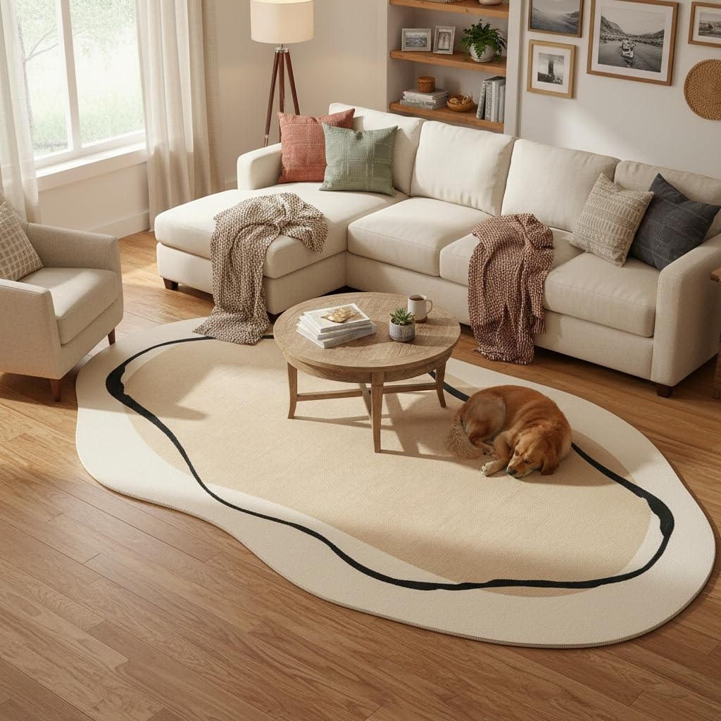 Beige Brown Irregular Shape Rug 5x8 Modern Abstract Black Striped Irregular Rug for Bedroom Diningroom Living Room Washable Odd Shaped Rugs Minimalist Aesthetics Home Office Guestroom Indoor Carpet