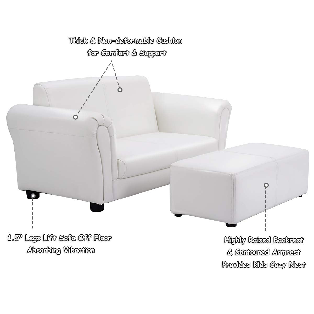 Costzon Kids Couch with Footstool, 2 in 1 Double Seat Children's Sofa w/PU Leather Surface, Armrest Chair Lounge, Soft Sofa for Preschool Bedroom Kids Room Toddlers Boys Girls Birthday (White)