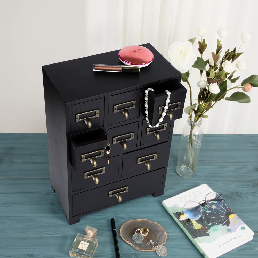 PACKGILO Apothecary Cabinet with 9 Drawers & Labels Rustic Library Card Catalog Cabinet Desktop Wooden Storage Box for Organize Herbal、Tea Bag、Jewelry (Black)